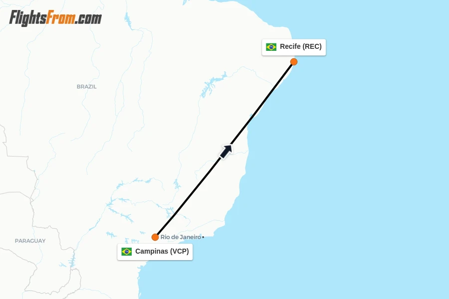 Flights from Campinas to Recife route map