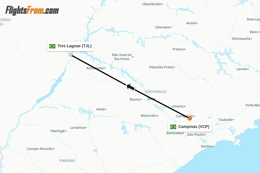 Flights from Campinas to Tres Lagoas route map