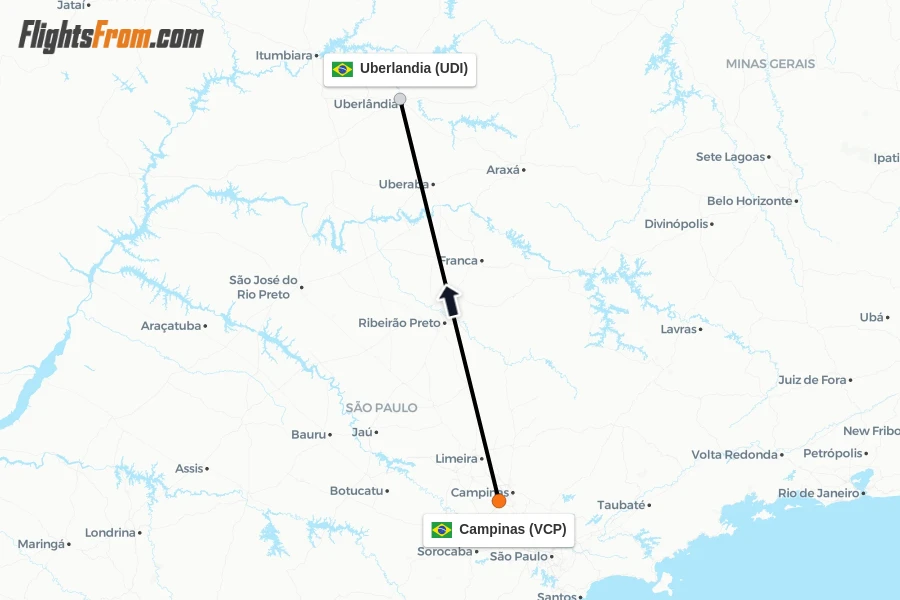 Flights from Campinas to Uberlandia route map