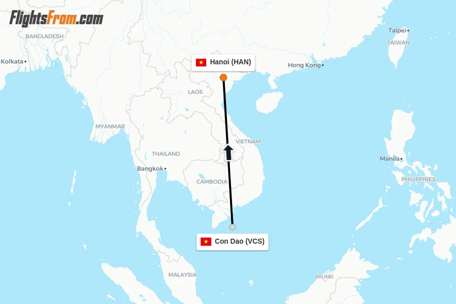 Flights from Con Dao to Hanoi route map