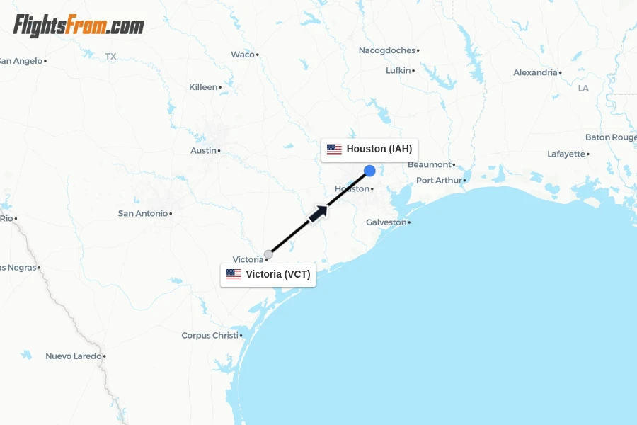 Flights from Victoria to Houston route map
