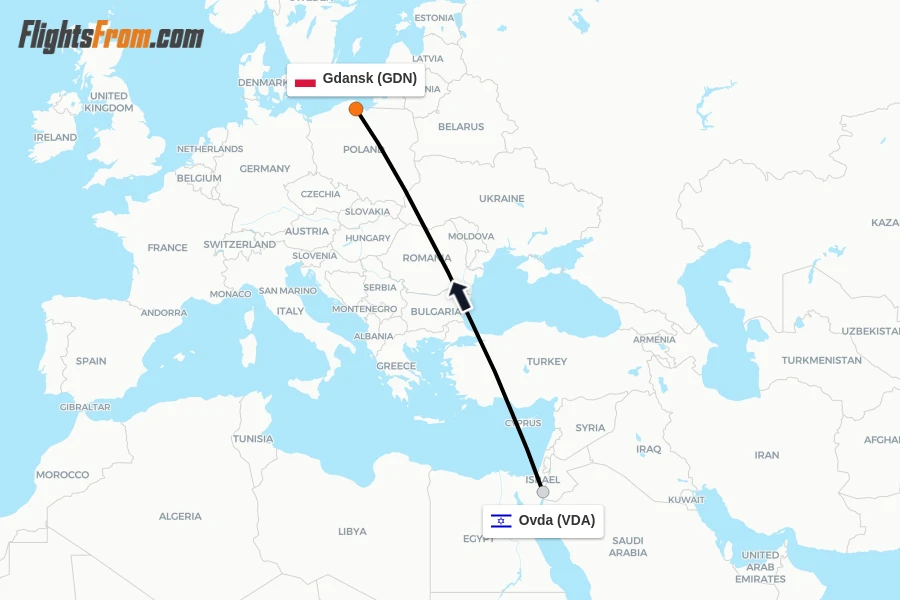 Flights from Ovda to Gdansk route map