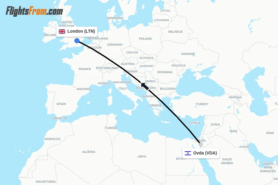 Flights from Ovda to London route map