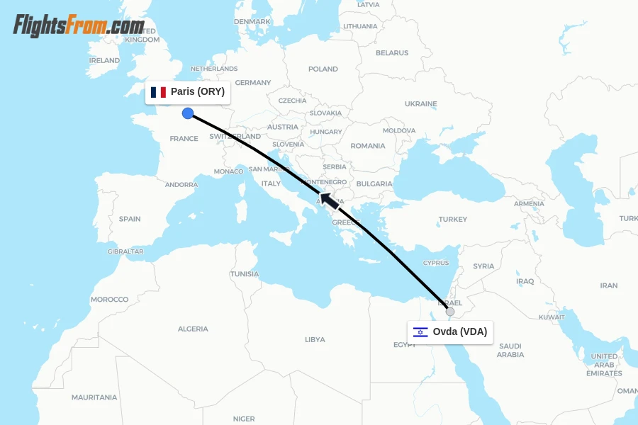 Flights from Ovda to Paris route map