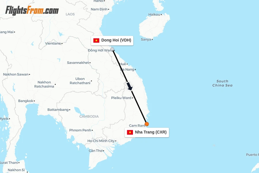 Flights from Dong Hoi to Nha Trang route map