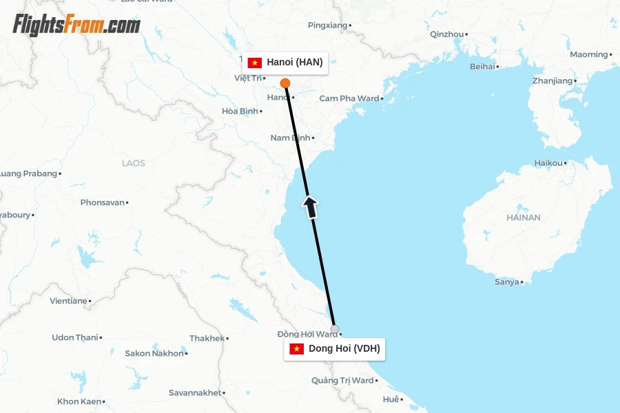 Flights from Dong Hoi to Hanoi route map