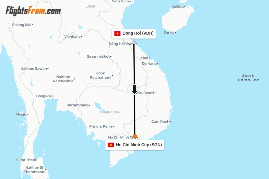 Flights from Dong Hoi to Ho Chi Minh City route map