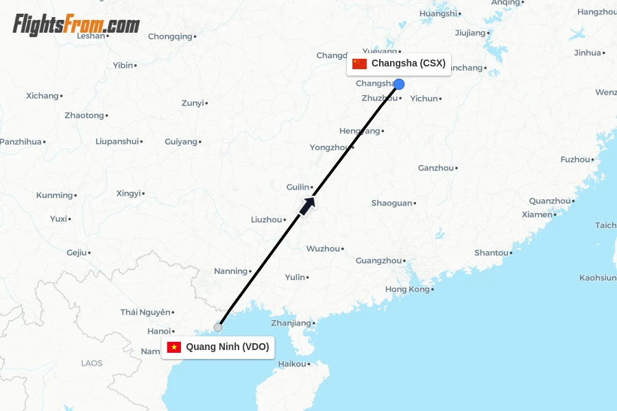 Flights from Quang Ninh to Changsha route map