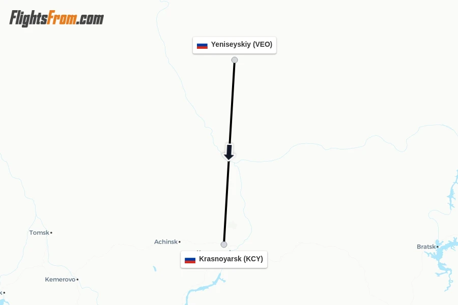 Flights from Yeniseyskiy to Krasnoyarsk route map
