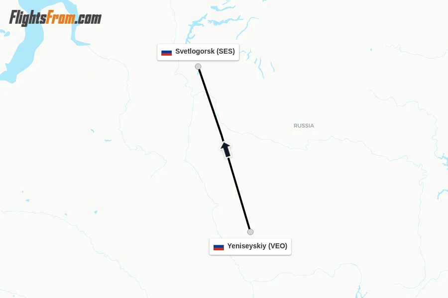 Flights from Yeniseyskiy to Svetlogorsk route map