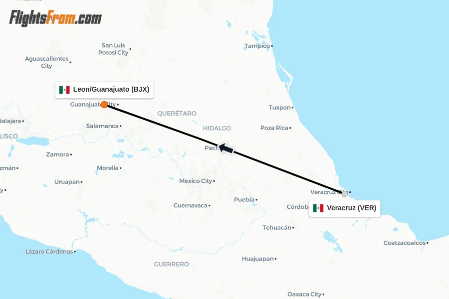 Flights from Veracruz to Leon/Guanajuato route map