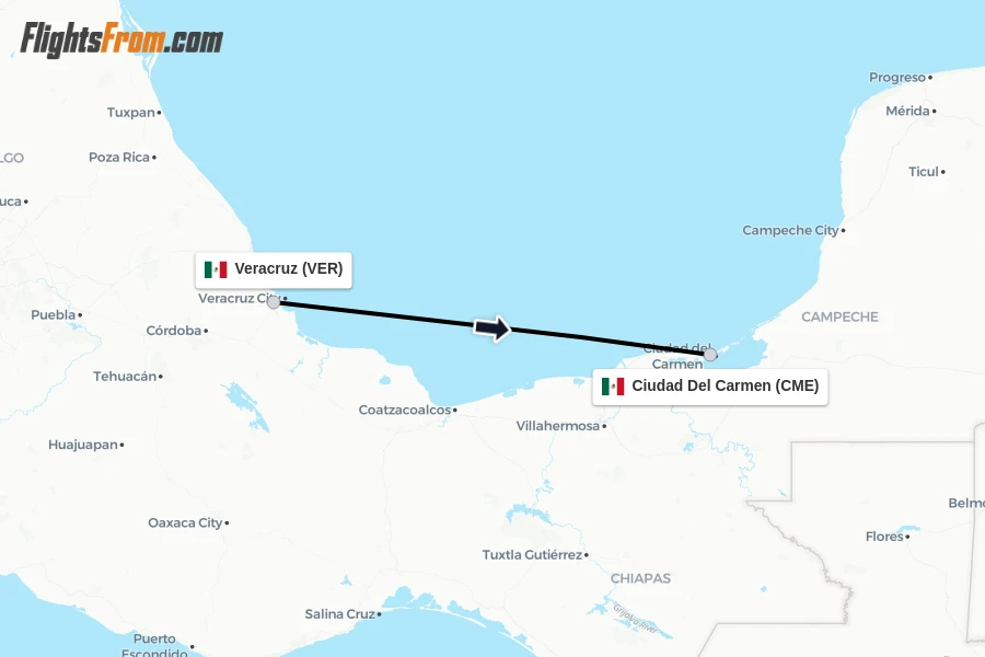 Flights from Veracruz to Ciudad Del Carmen route map