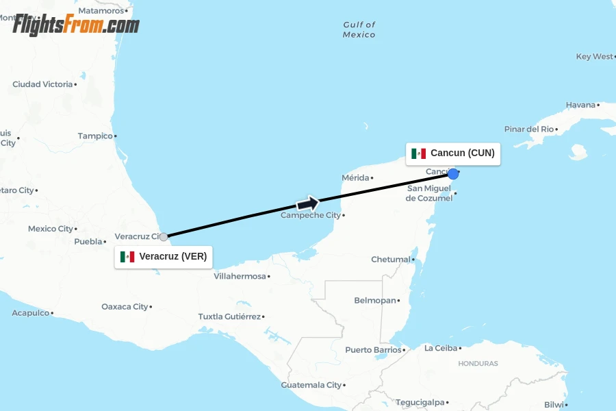 Flights from Veracruz to Cancun route map