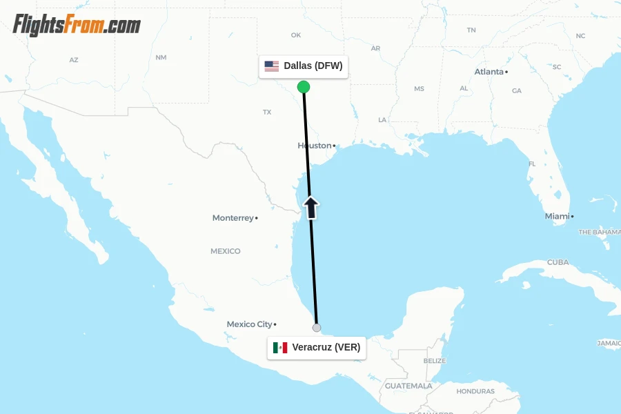 Flights from Veracruz to Dallas route map
