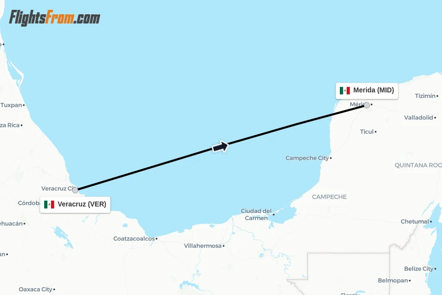 Flights from Veracruz to Merida route map