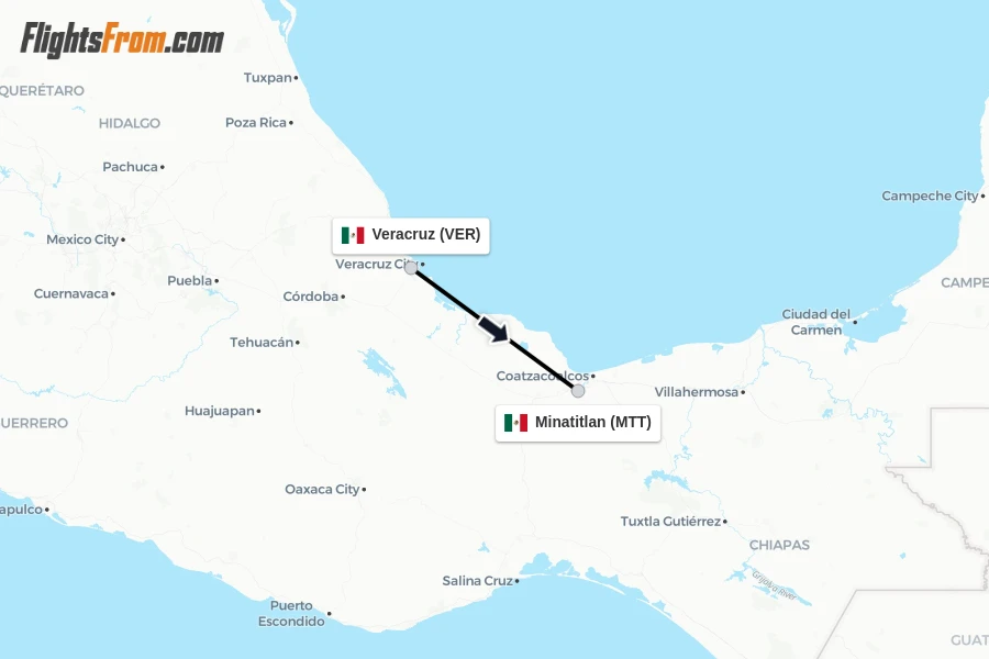 Flights from Veracruz to Minatitlan route map