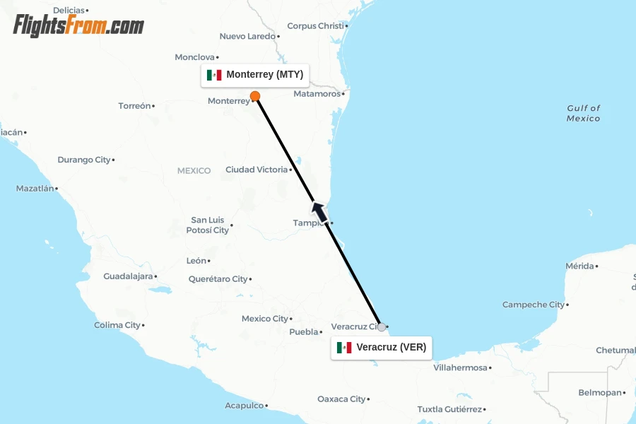 Flights from Veracruz to Monterrey route map