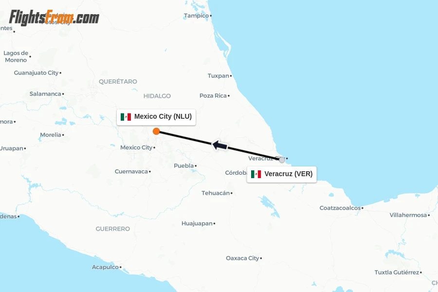 Flights from Veracruz to Mexico City route map