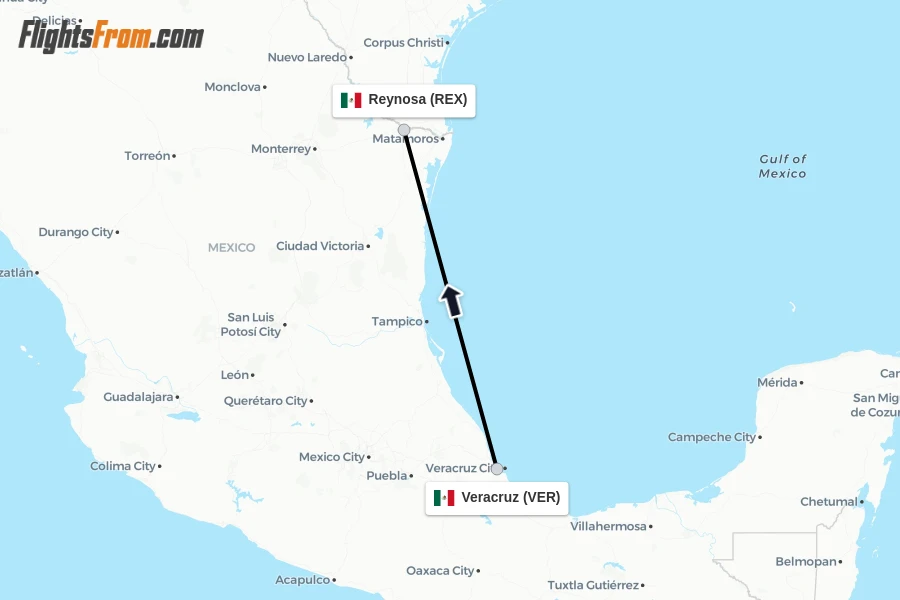 Flights from Veracruz to Reynosa route map