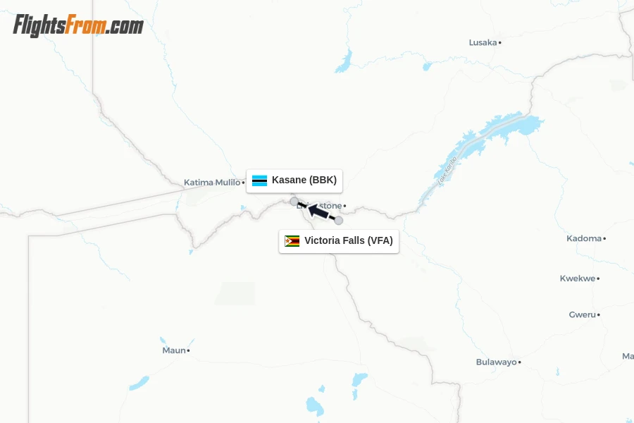 Flights from Victoria Falls to Kasane route map