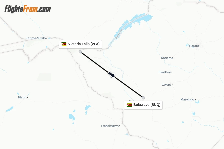 Flights from Victoria Falls to Bulawayo route map