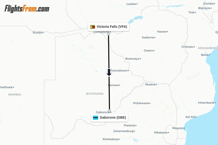Flights from Victoria Falls to Gaborone route map