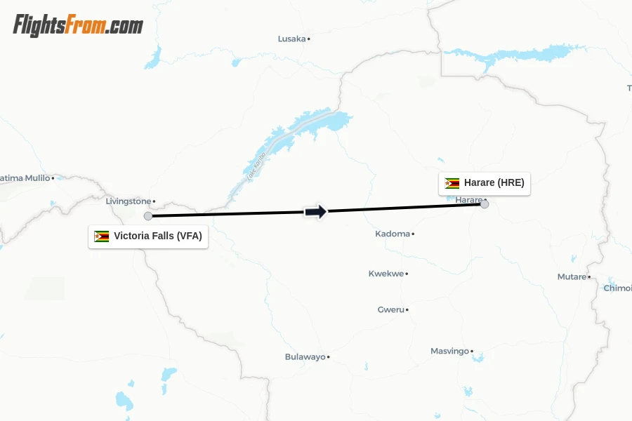 Flights from Victoria Falls to Harare route map