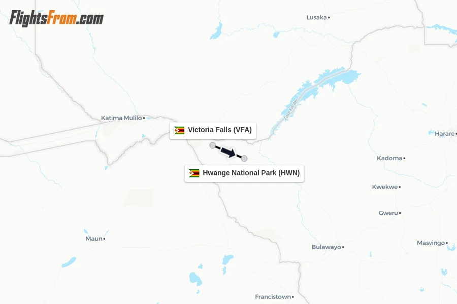 Flights from Victoria Falls to Hwange National Park route map
