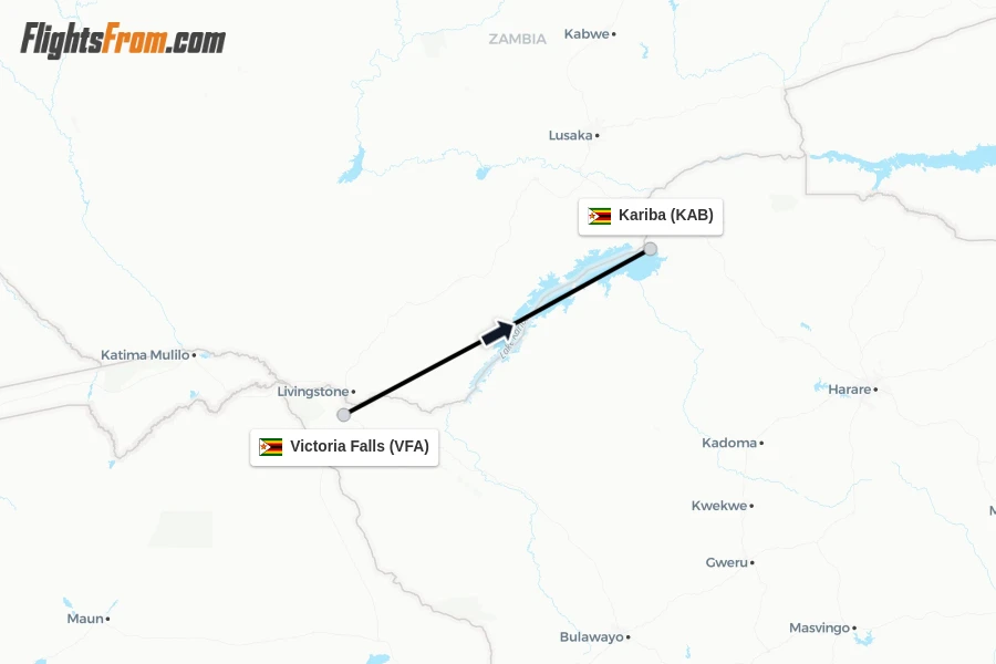 Flights from Victoria Falls to Kariba route map