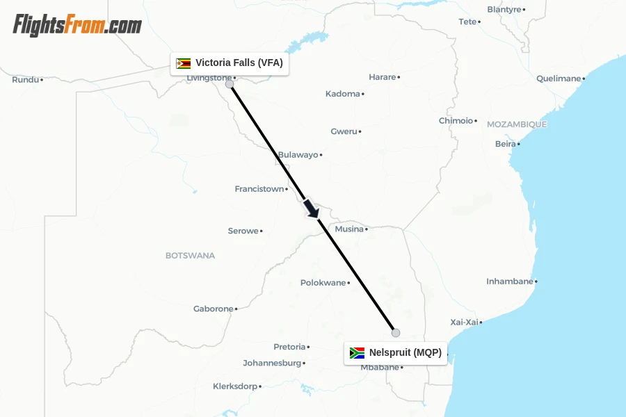 Flights from Victoria Falls to Nelspruit route map