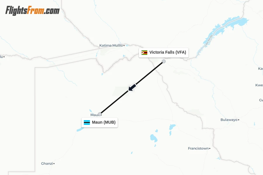 Flights from Victoria Falls to Maun route map
