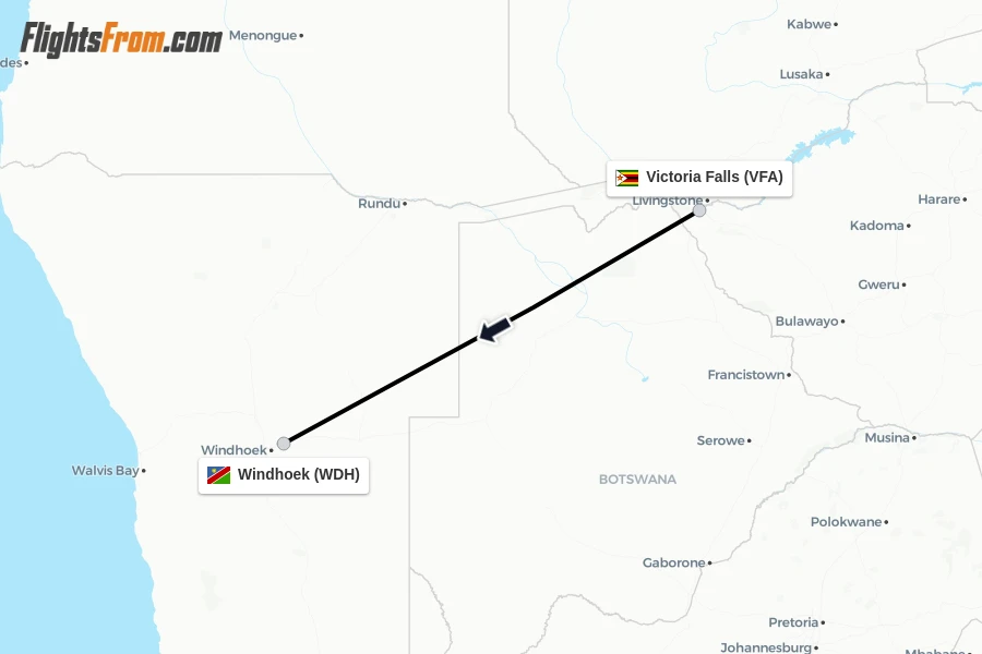 Flights from Victoria Falls to Windhoek route map