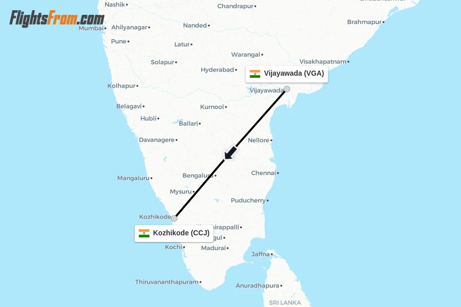 Flights from Vijayawada to Kozhikode route map