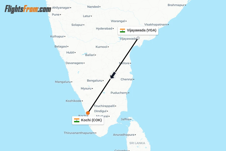 Flights from Vijayawada to Kochi route map