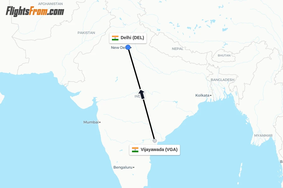 Flights from Vijayawada to Delhi route map
