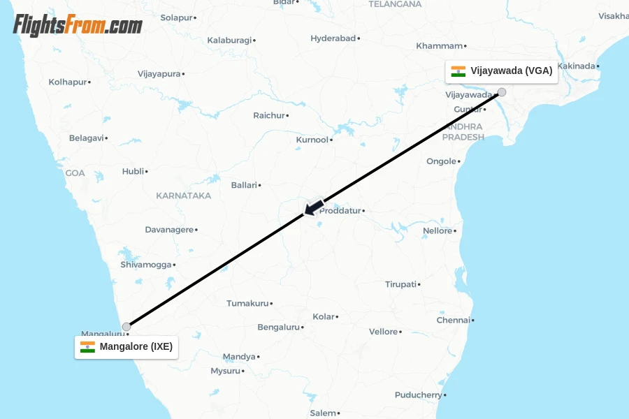 Flights from Vijayawada to Mangalore route map