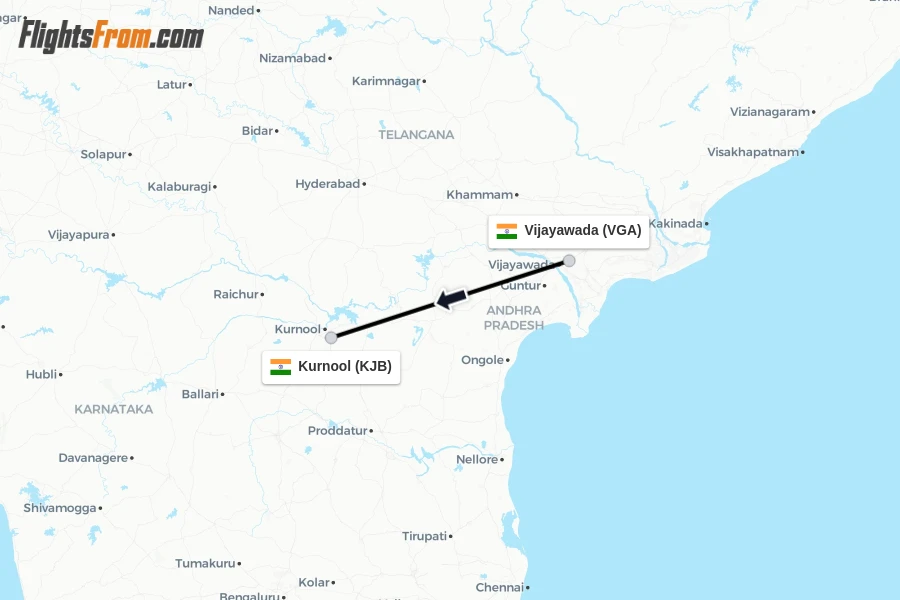 Flights from Vijayawada to Kurnool route map