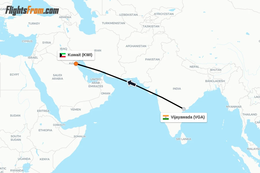 Flights from Vijayawada to Kuwait route map