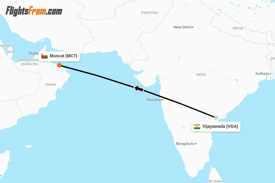Flights from Vijayawada to Muscat route map