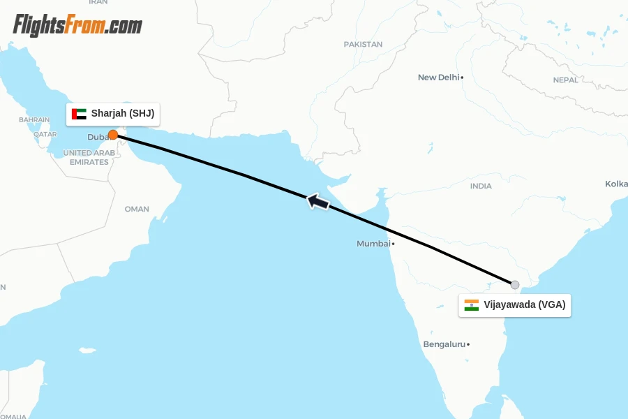 Flights from Vijayawada to Sharjah route map
