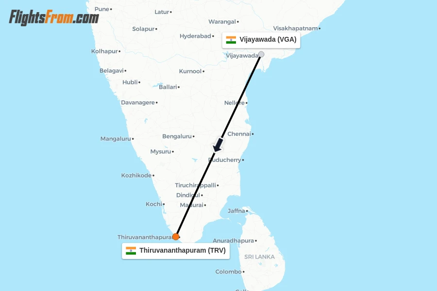 Flights from Vijayawada to Thiruvananthapuram route map