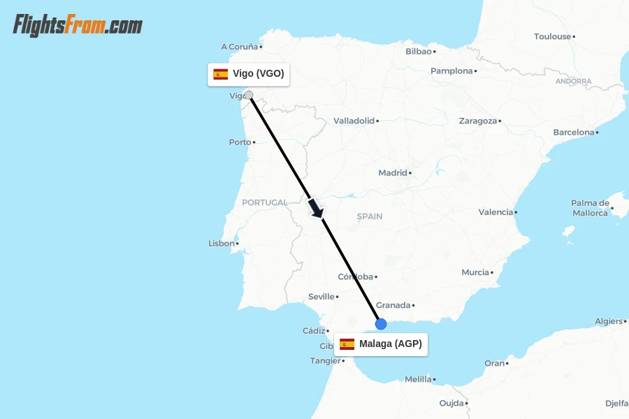 Flights from Vigo to Malaga route map