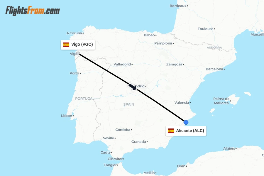Flights from Vigo to Alicante route map
