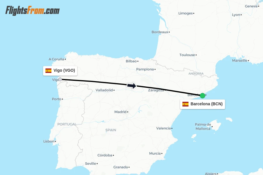 Flights from Vigo to Barcelona route map