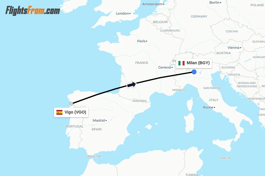 Flights from Vigo to Milan route map