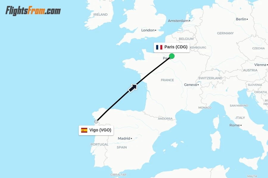 Flights from Vigo to Paris route map