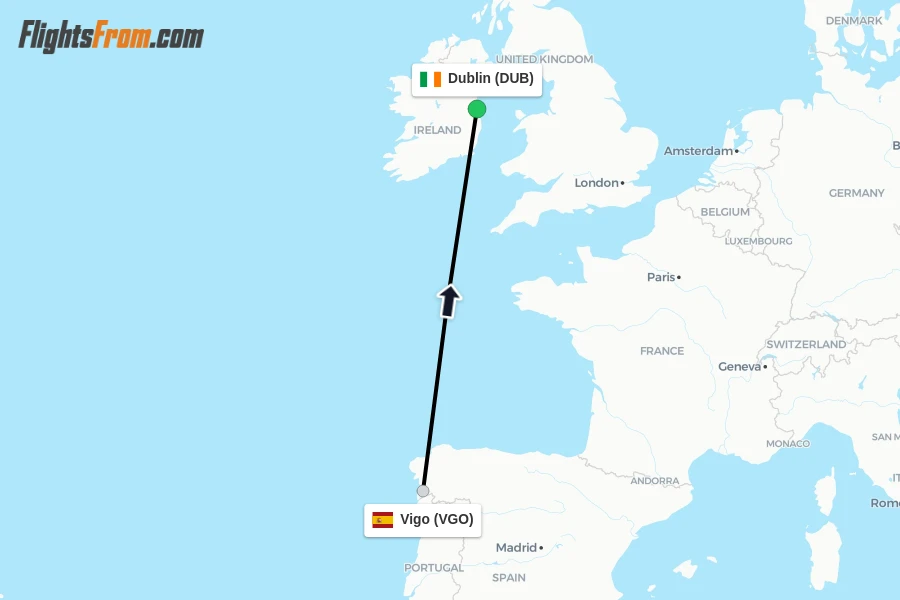 Flights from Vigo to Dublin route map