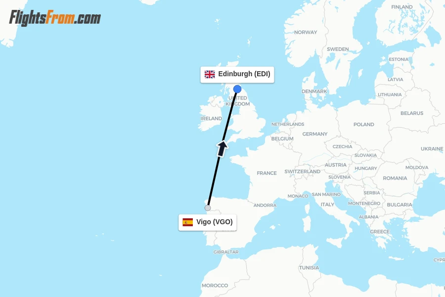 Flights from Vigo to Edinburgh route map