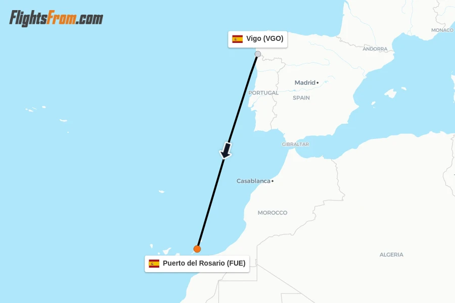 Flights from Vigo to Puerto del Rosario route map