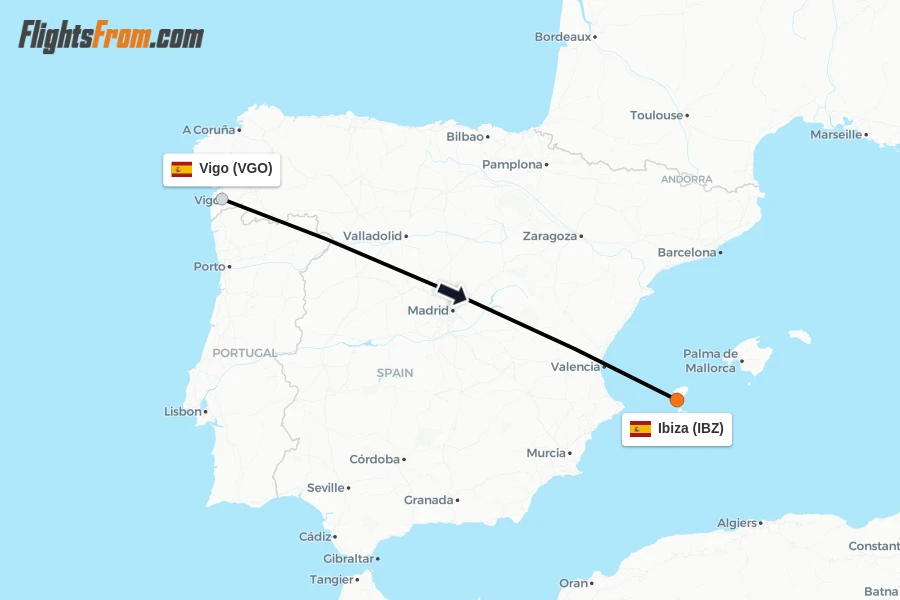 Flights from Vigo to Ibiza route map